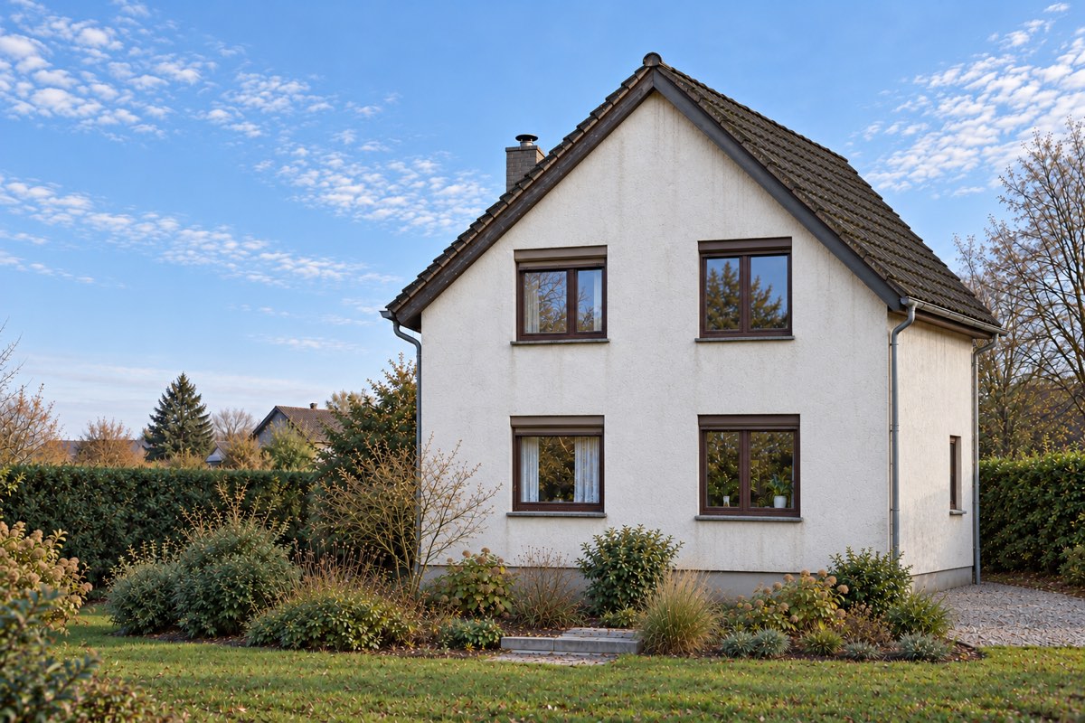 Visualisierung, mit KI erstellt: ein Einfamilienhaus der 1970er Jahre im Bestand, mit weißer Putzfassade, dunklen alten Fenstern und Ziegeldach