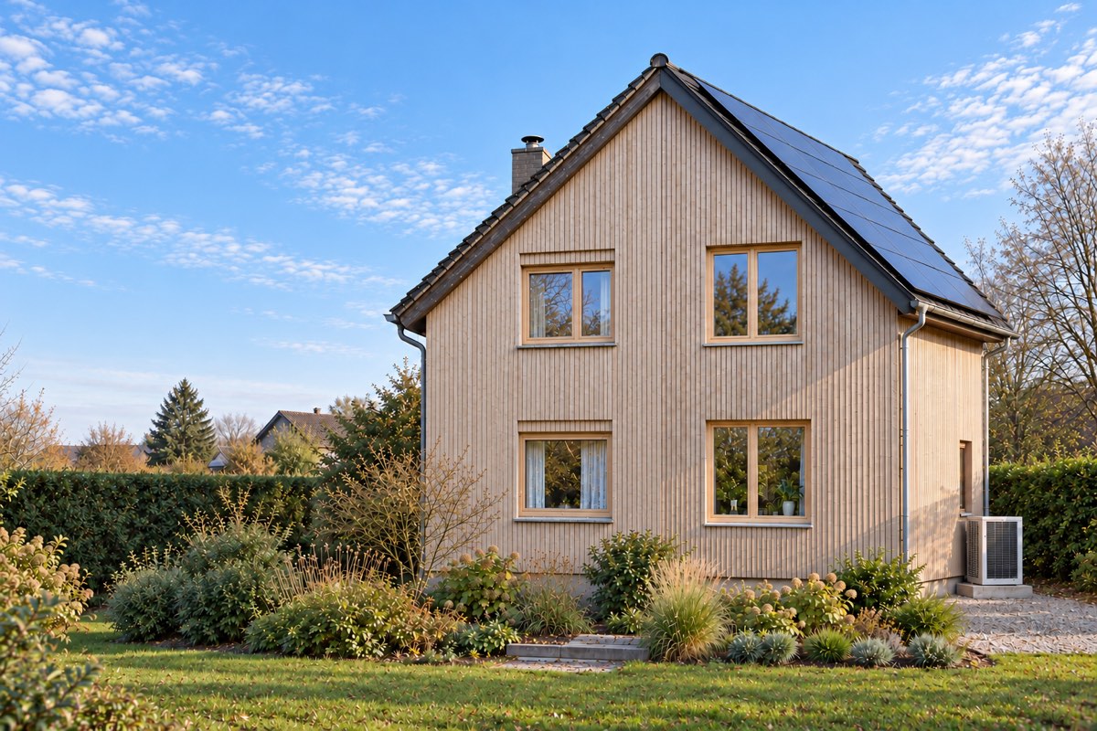 Visualisierung, mit KI erstellt: dasselbe Einfamilienhaus nach einer Sanierung, mit heller Holzfassade, Holzfenstern, Solarmodulen auf dem Dach und einer Wärmepumpe an der Seite