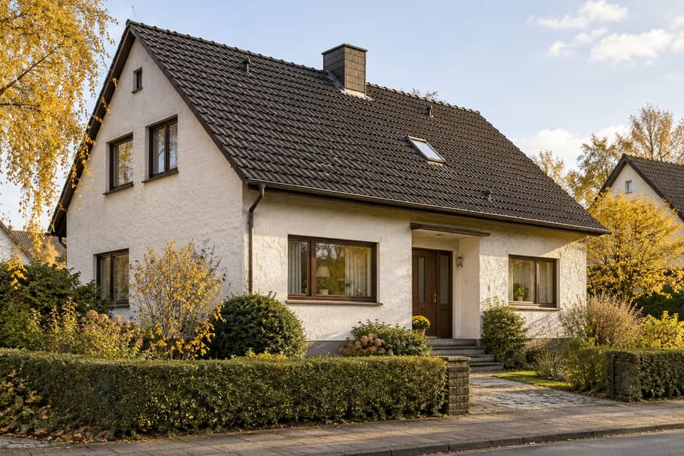 Symbolbild, mit KI erzeugt: weißes Einfamilienhaus mit Satteldach aus den 1970er-Jahren im Herbst