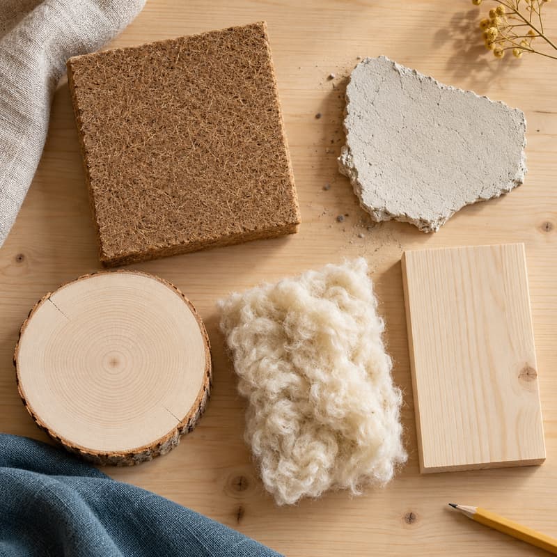 Symbolbild, mit KI erzeugt: Holzfaserplatte, Lehmputz, Holzscheibe, Schafwolle und ein Holzbrett auf einem Holztisch